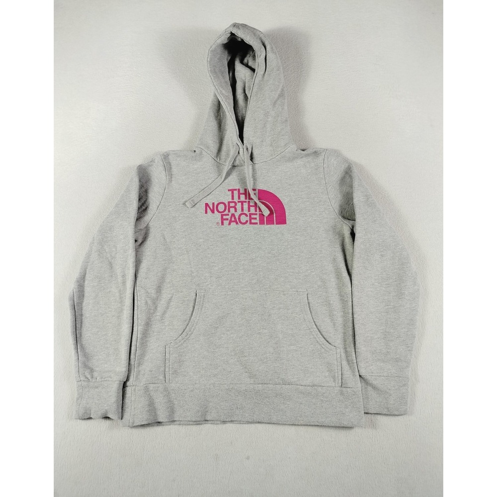 The North Face Hoodie Womens Medium Gray Pink Logo Pullover Fleece Sweatshirt